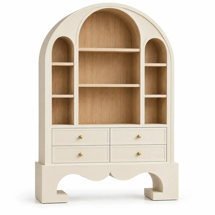 Bibliothèque blanc cassé et beige en arche à niches et quatre tiroirs