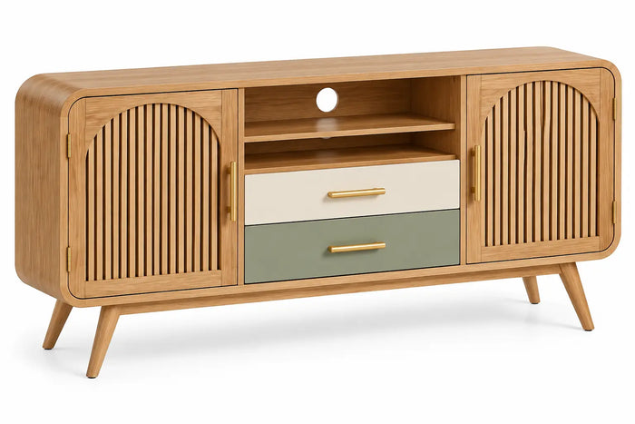 Meuble de télévision beige à portes striées et tiroirs blanc cassé et vert