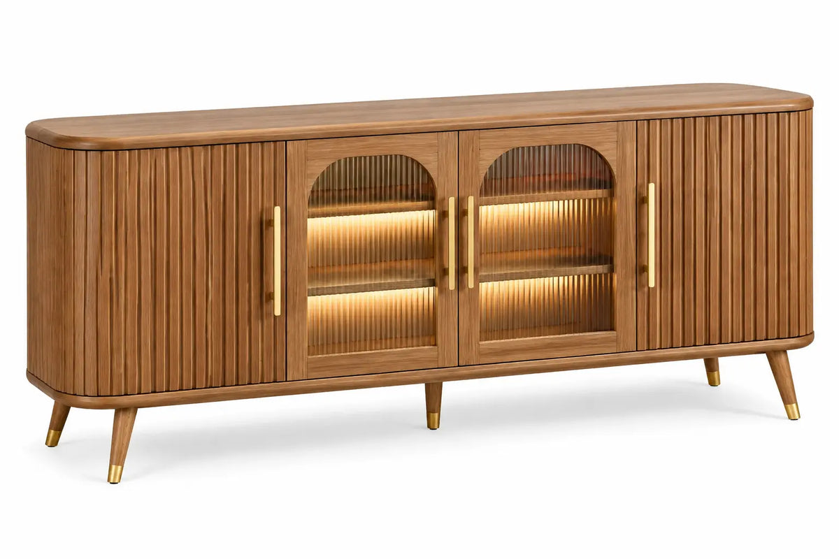 Buffet marron à portes striées et compartiment central vitré