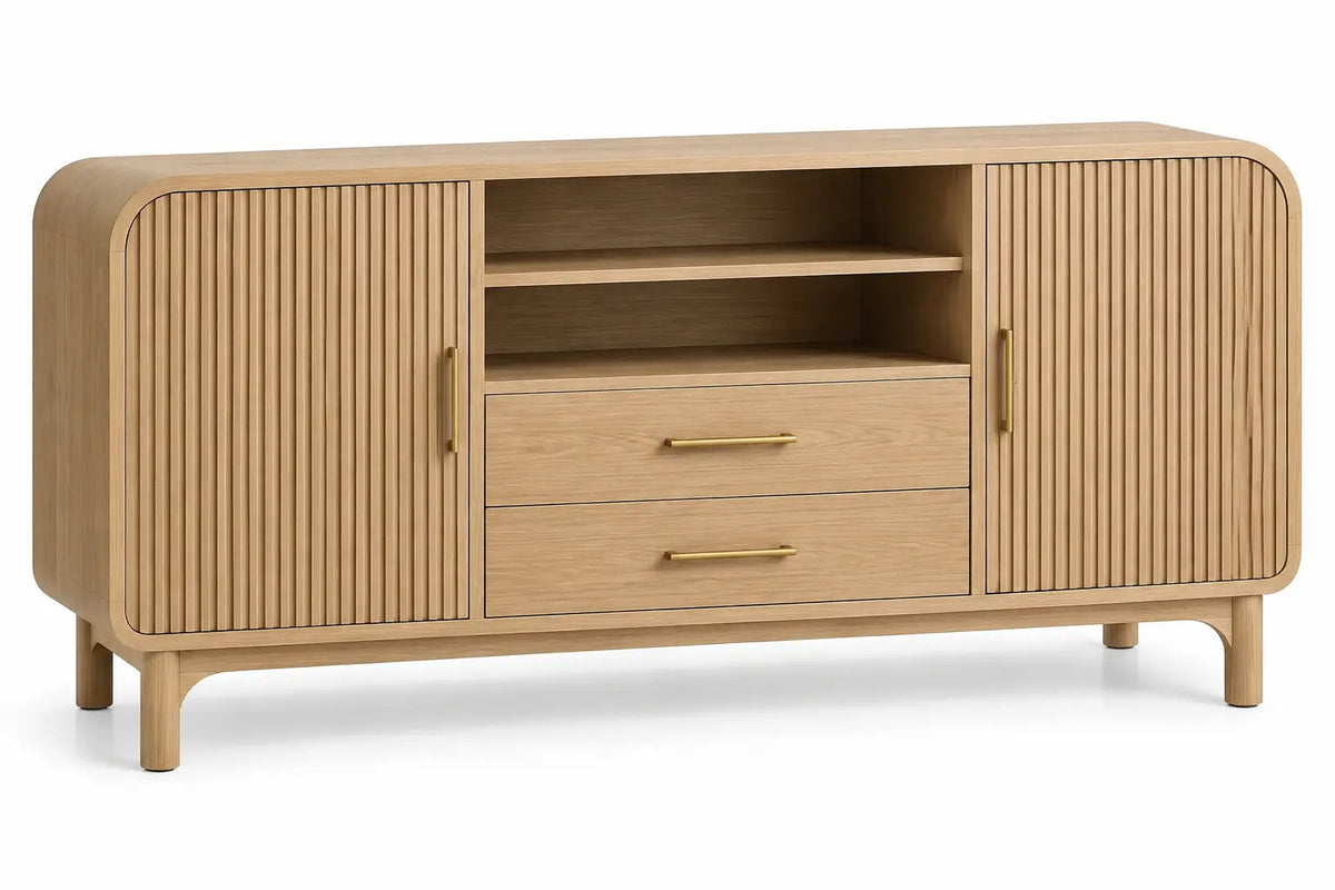 Meuble de télévision beige arrondi à portes striées et tiroirs
