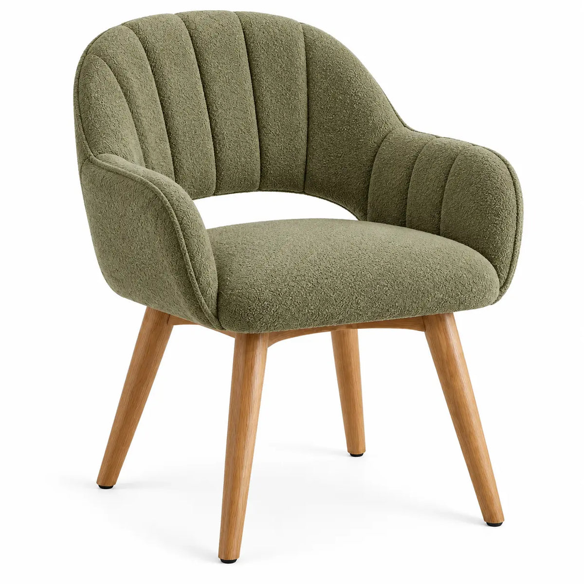 Chaise verte rembourrée à dossier nervuré et pieds beiges