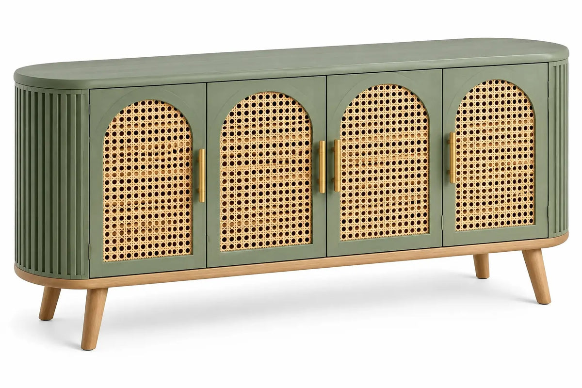 Buffet vert et beige à quatre portes ajourées arrondies