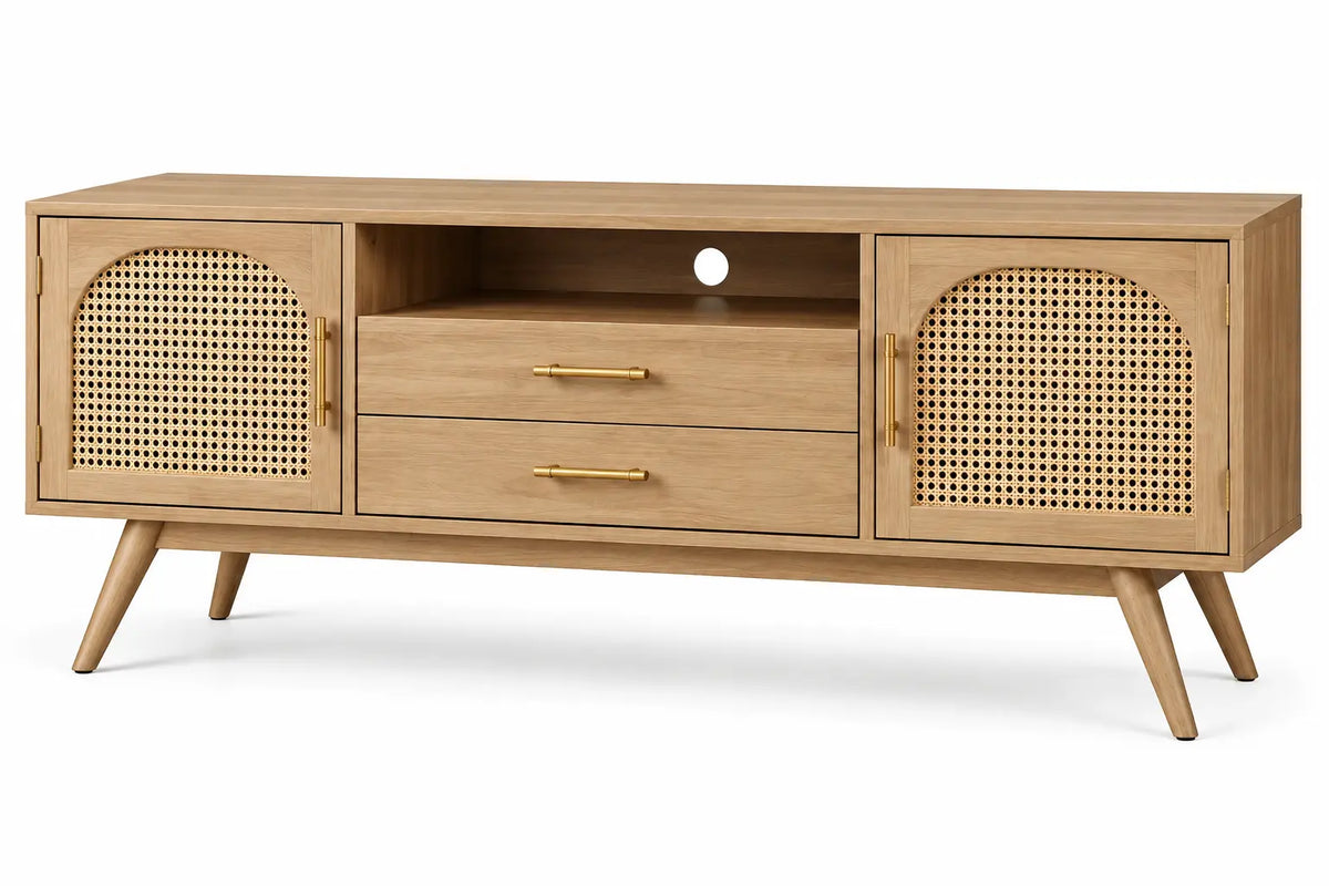 Meuble de télévision beige à portes ajourées, niche et deux tiroirs