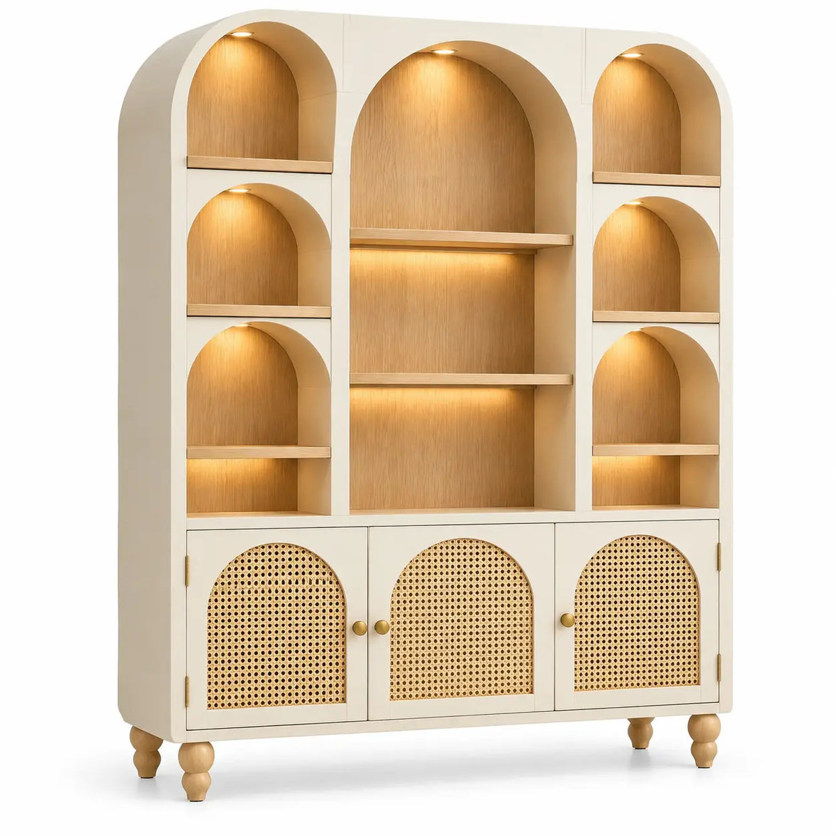 Bibliothèque blanc cassé et beige à niches en arche et portes ajourées