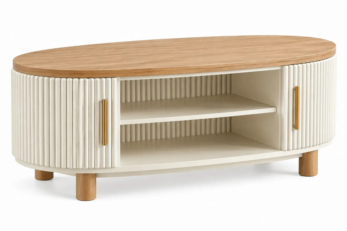 Table basse ovale blanc cassé et beige à rangement ouvert