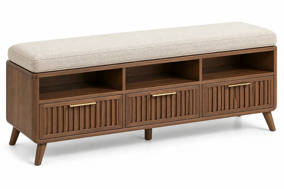 Banc de rangement marron à coussin beige, niches et tiroirs striés