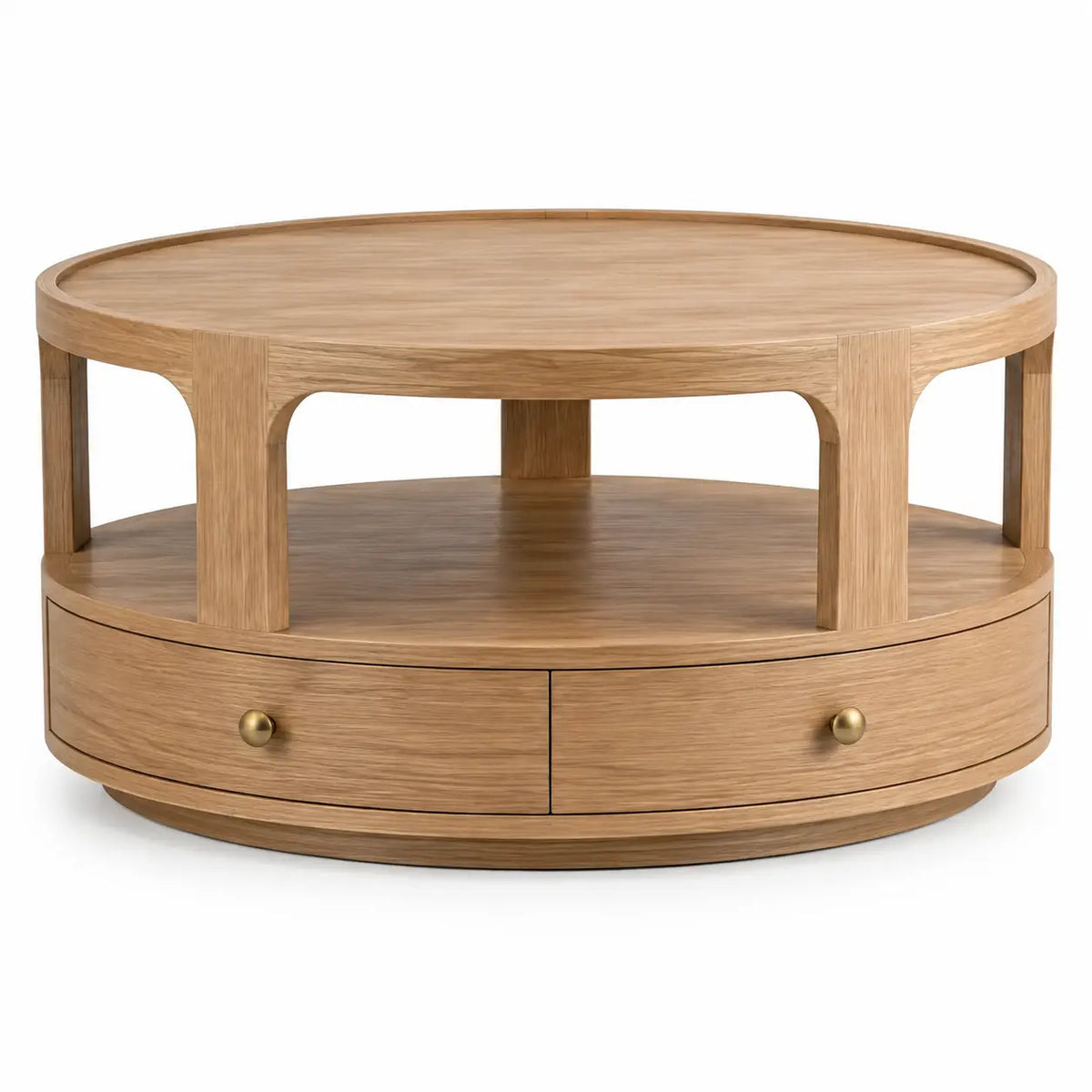 Table basse ronde beige à tablette et tiroirs courbes