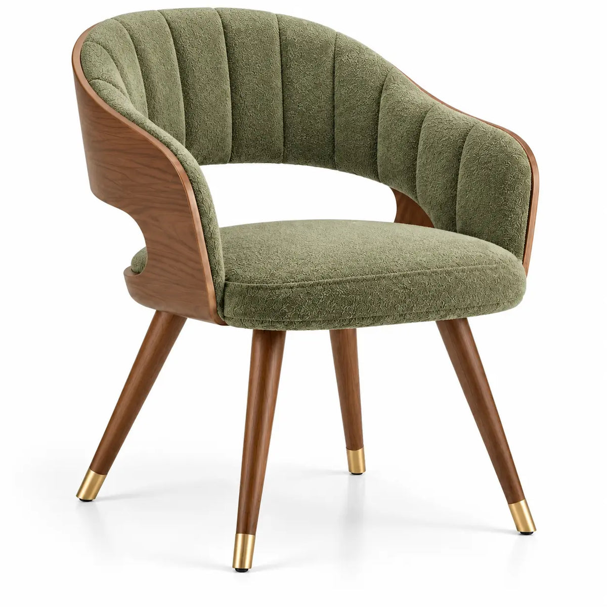 Chaise verte et marron à dossier enveloppant et pieds à bouts dorés