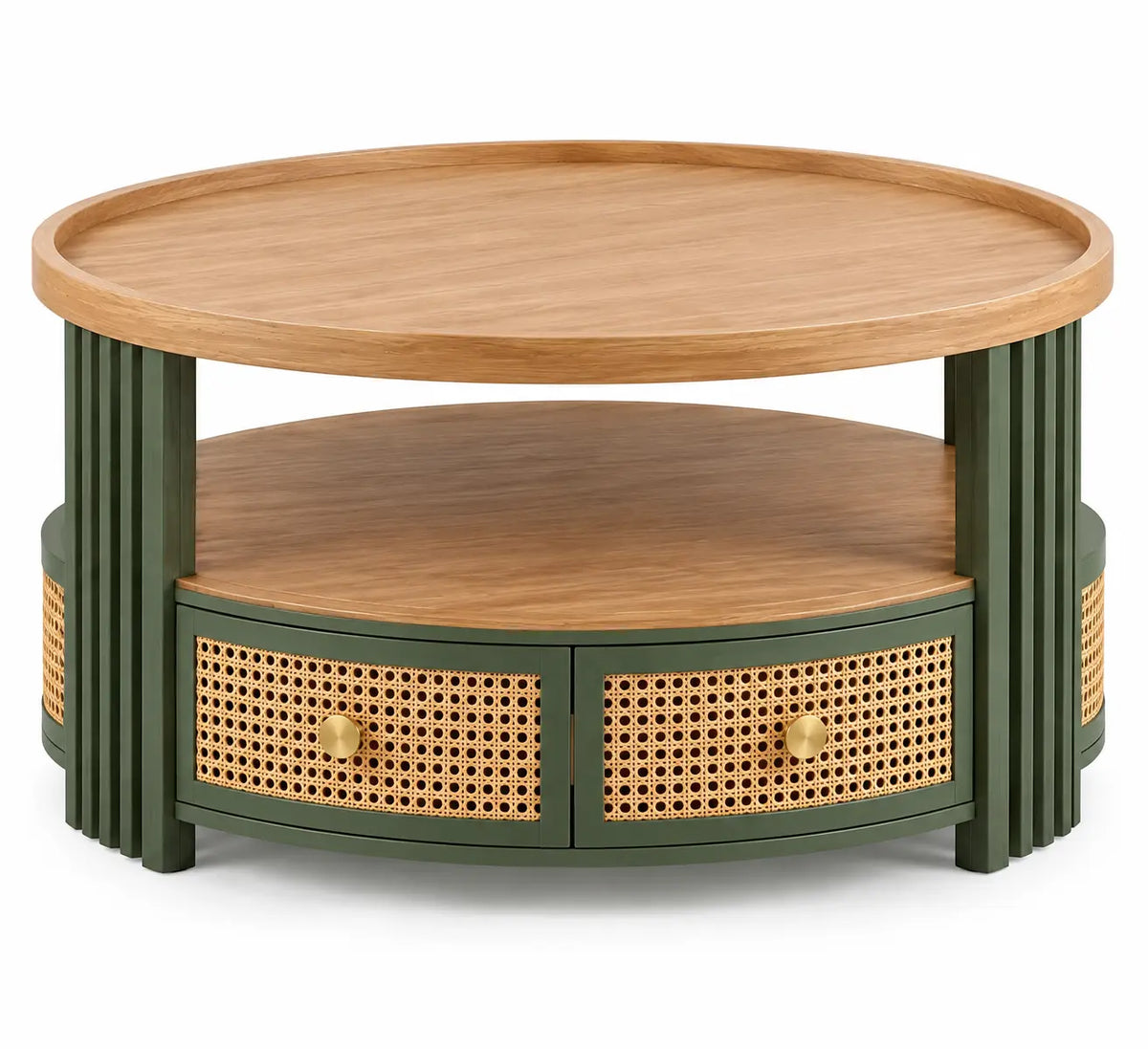 Table basse ronde verte et beige à rangement ajouré