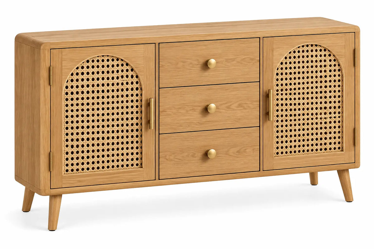 Buffet beige à deux portes ajourées en arche et trois tiroirs
